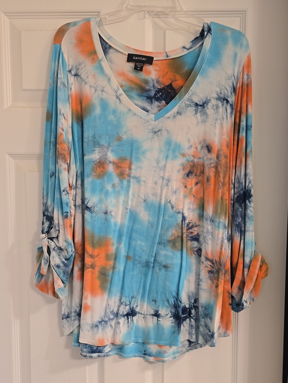 Karen Kane Blue, Orange & Navy Tie-Dye V-Neck Long Sleeve Top